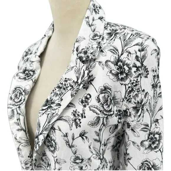 Joie Black & White Floral Print 100 Linen Longline Business Casual Blazer Jacket - Picture 5 of 12